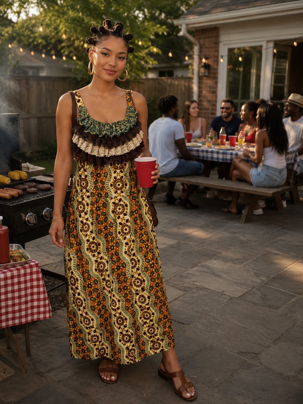 Green and Brown Ankara Ruffle-Trim Maxi Dress - Women's Summer Dress